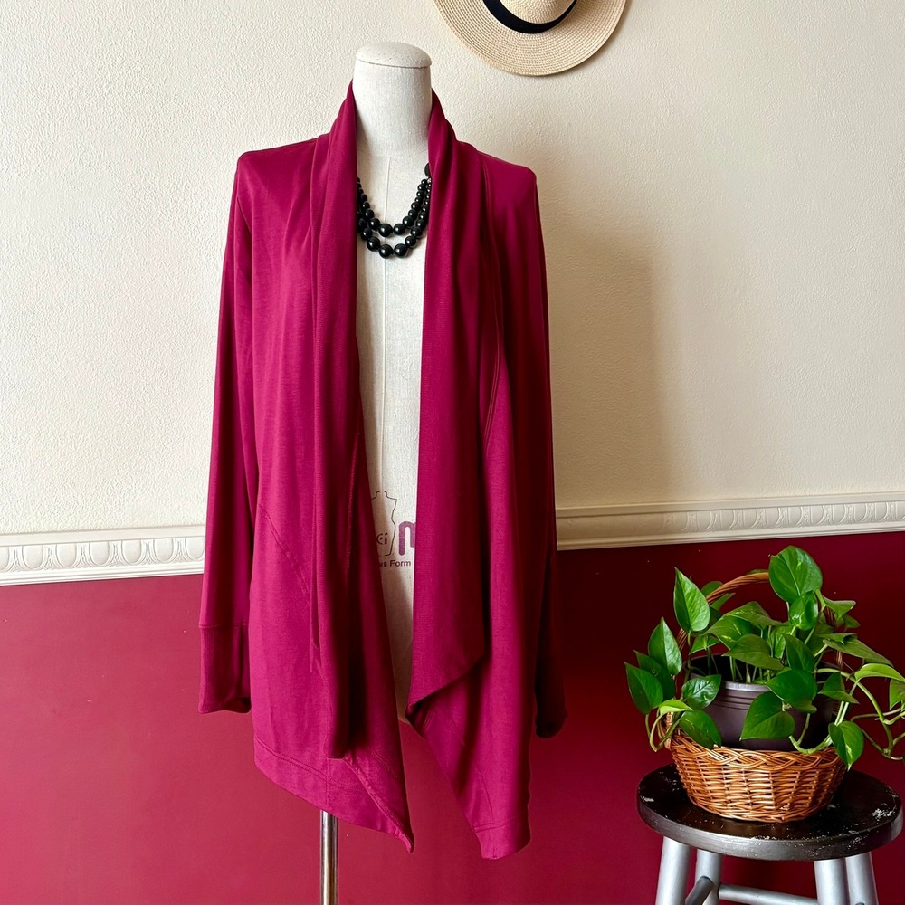 Athleta Pranayama Wrap Cardigan Size S Dark Berry Burgundy Open Front Pockets